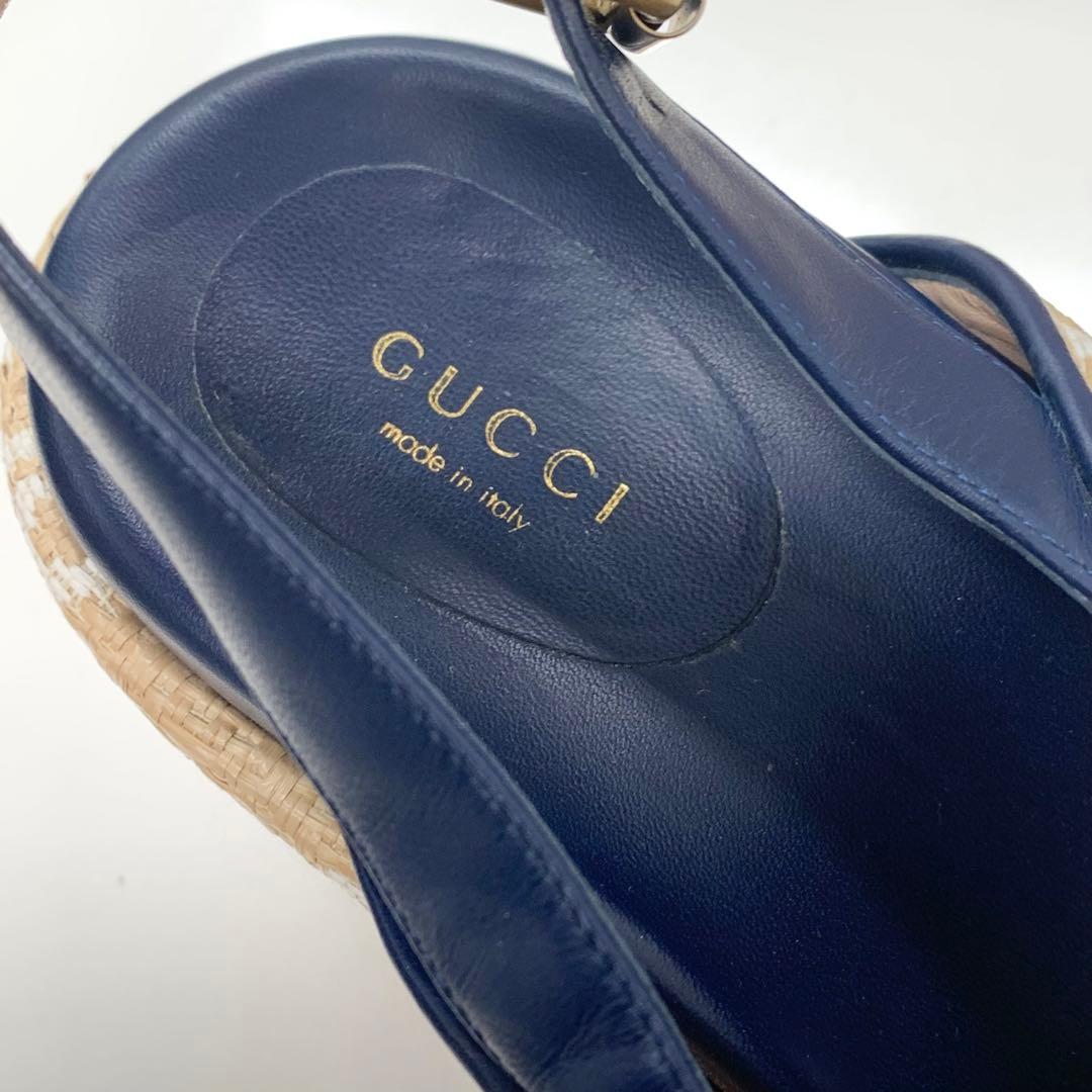 グッチ レザー ストロー GG ウェッジソール 厚底 サンダル バイカラー