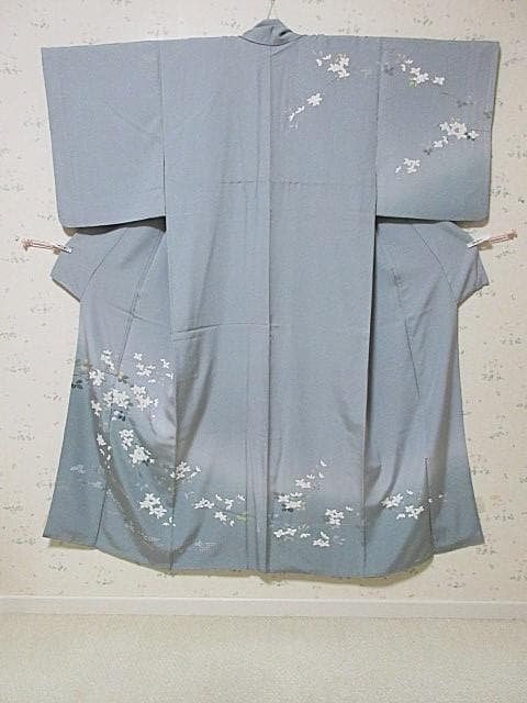 訪問着：美品：白い花と萩の花：淡いブルーグレー：袷正絹：P32