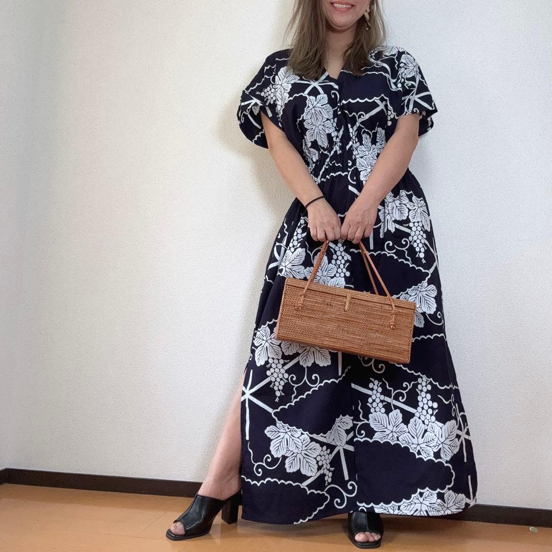 竺仙　浴衣　リメイク　コーマ地　ワンピース ハンドメイド　ロング　紺　葡萄