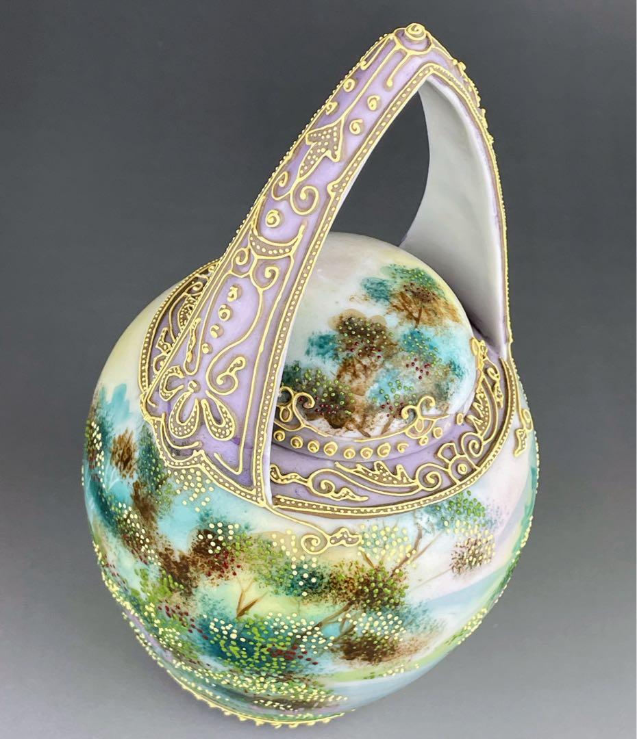 【希少】オールドニッポン 一陳盛り上げ 風景紋 バスケット 花籠 花瓶