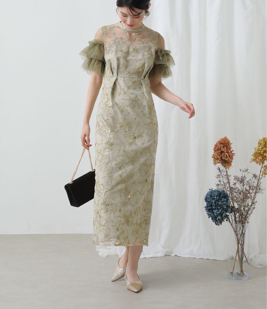 【低身長さんもOK】チュールフリルスリーブスパンコール刺繍レースパーティードレス