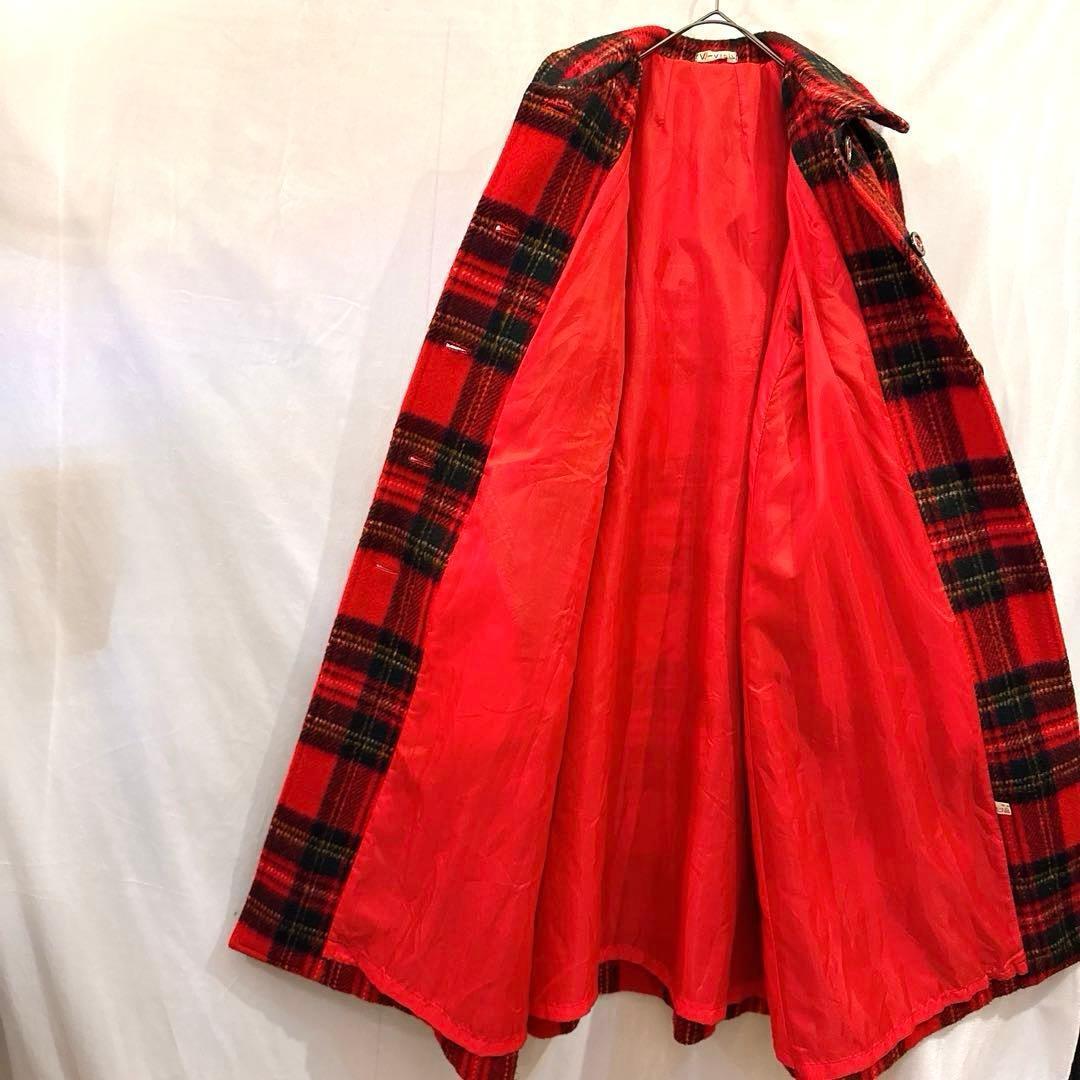 かっちょヴィンテージ70sウール タータンチェック コートクラシック赤 紺