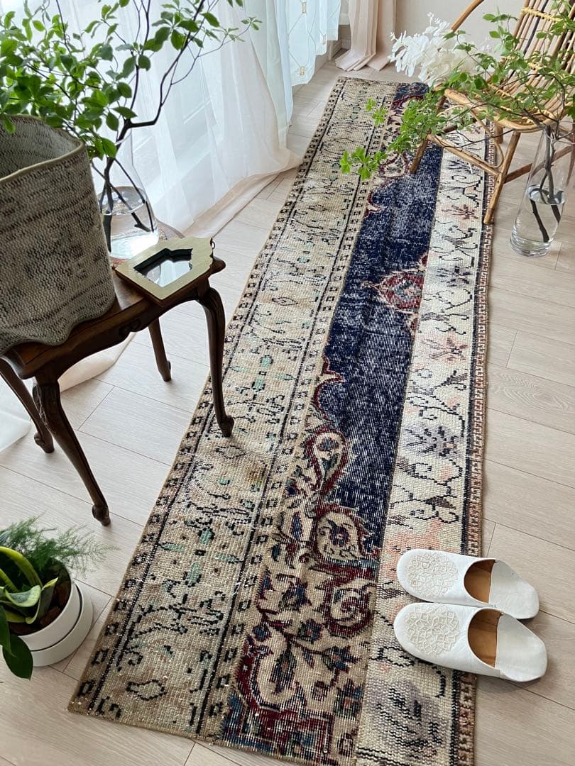 超ロングネイビー65×249レッド　パッチワークランナー　トルコヴィンテージラグ