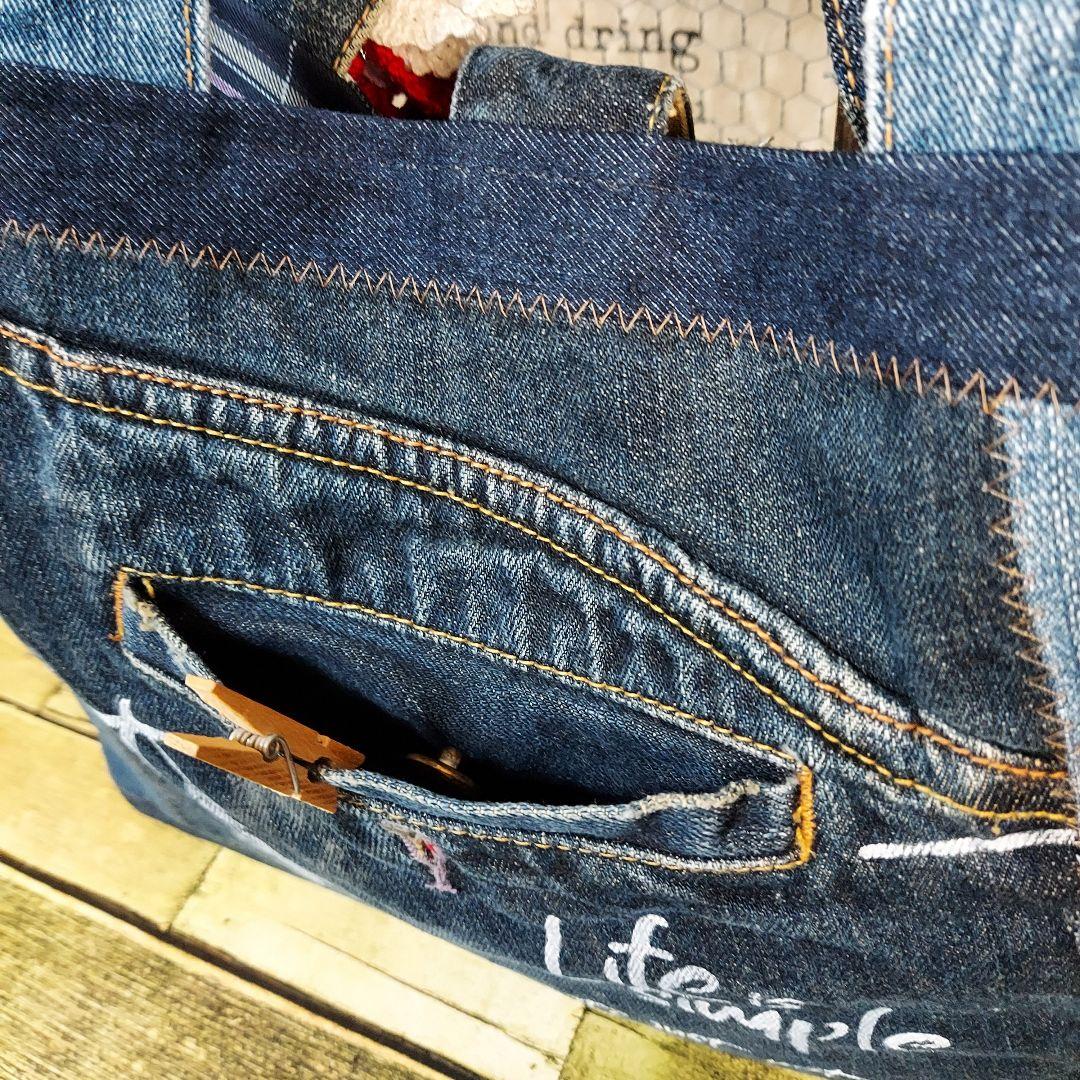 【ぽこぽん】大きな刺繍デニムバック　No.637　デニムリメイク