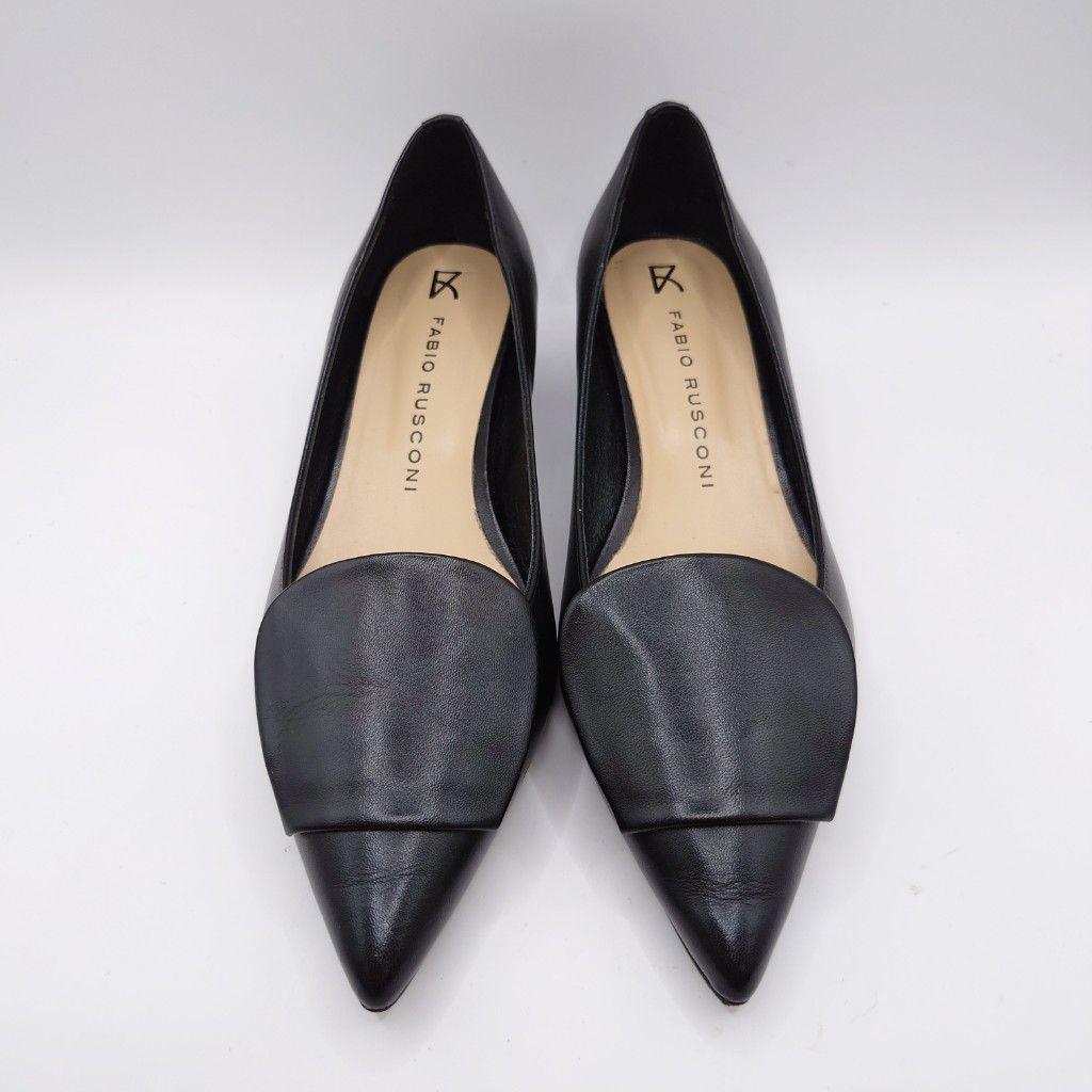 ファビオルスコーニ ブラックレザーポインテッドトゥフラットシューズ 25cm