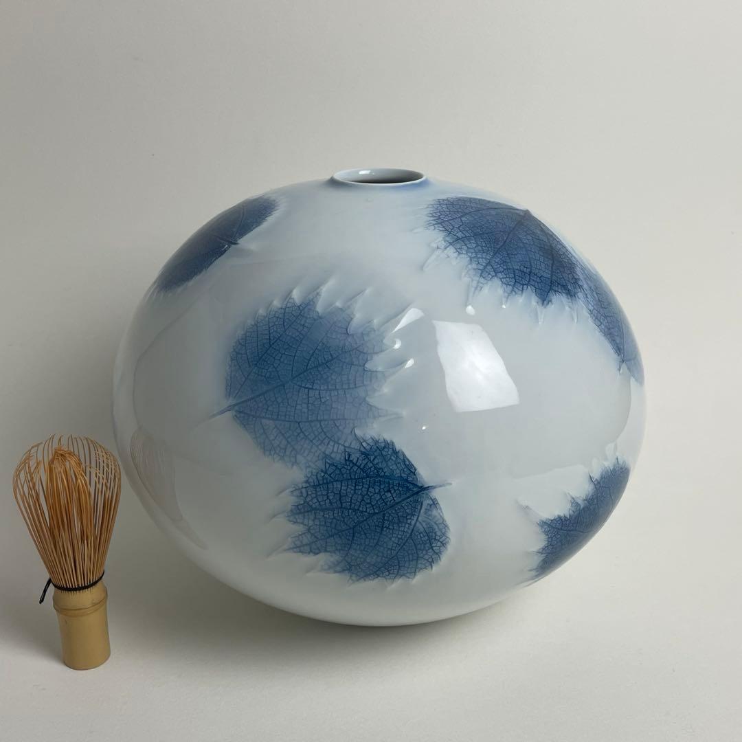 京都 有田 名工 藤井朱明 若葉図 壺 花瓶 花器 陶芸日展作家