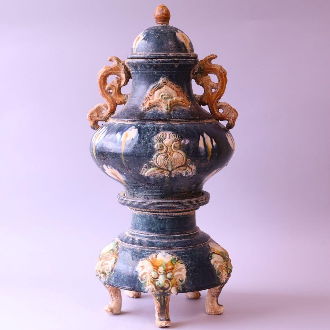 時代物 唐三彩藍釉壷 木箱付