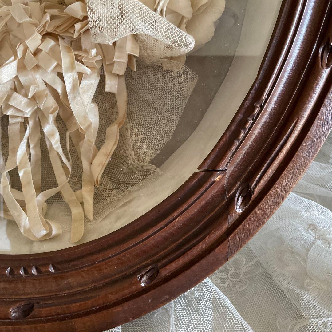 フランス　アンティーク　コミュニオン　布花　花冠　特大カニヴェ　リボン