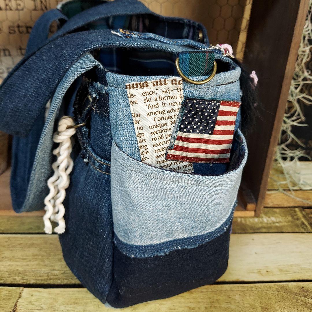 刺繍デニムバック　No.641　デニムリメイク　刺繍バック　チューリップバック