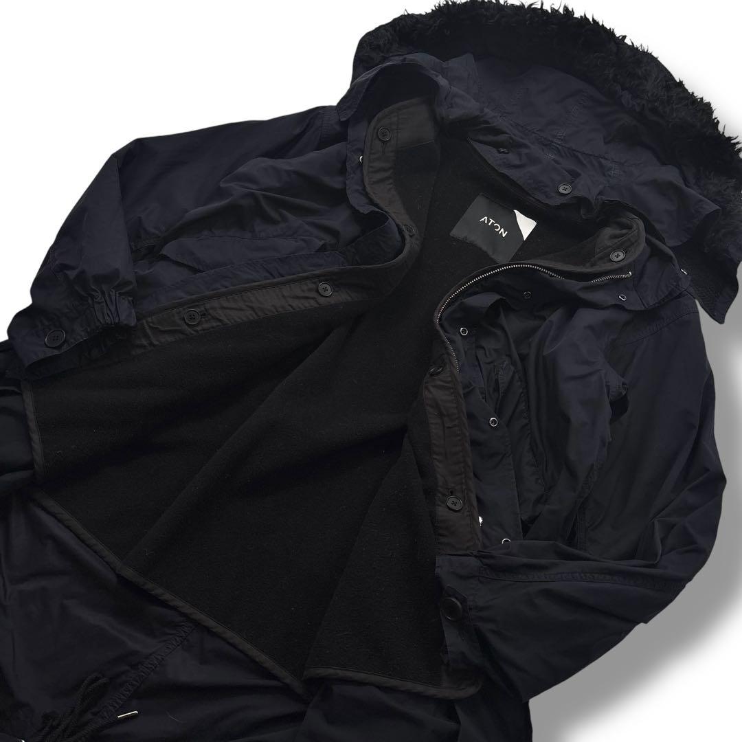 【高級】ATON エイトン　モッズコート　フード　ライナー　ファー　ネイビー