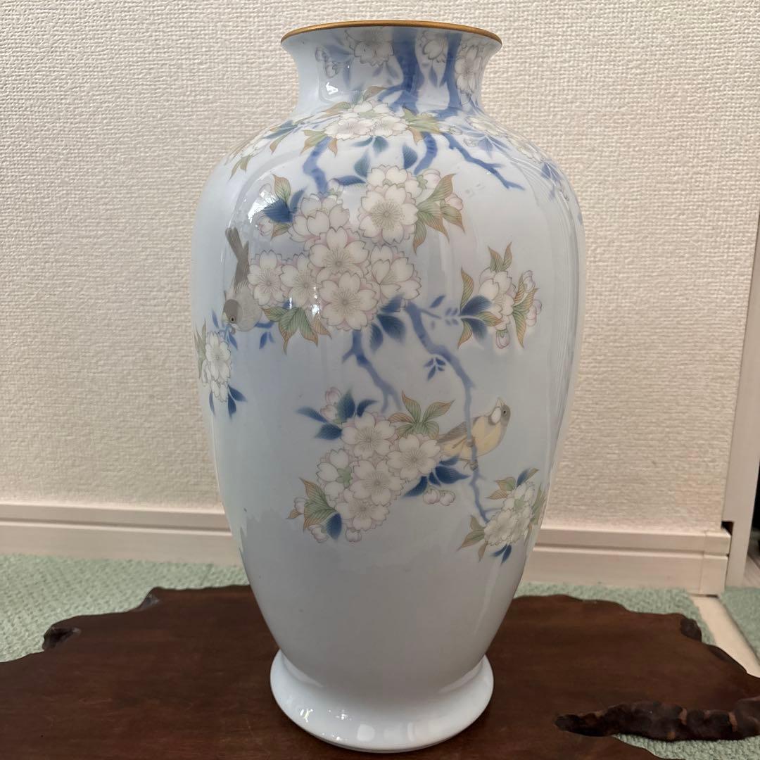 深川製磁 花瓶 桜と小鳥 38㎝
