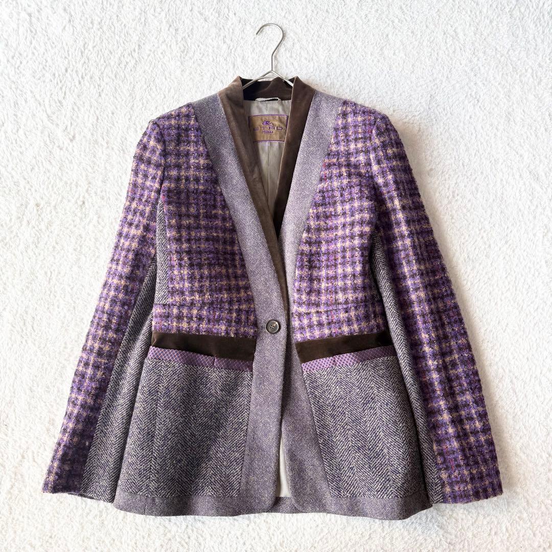 エトロ ノーカラー ジャケット ツイード シルク モヘヤ混 大きいサイズ 44