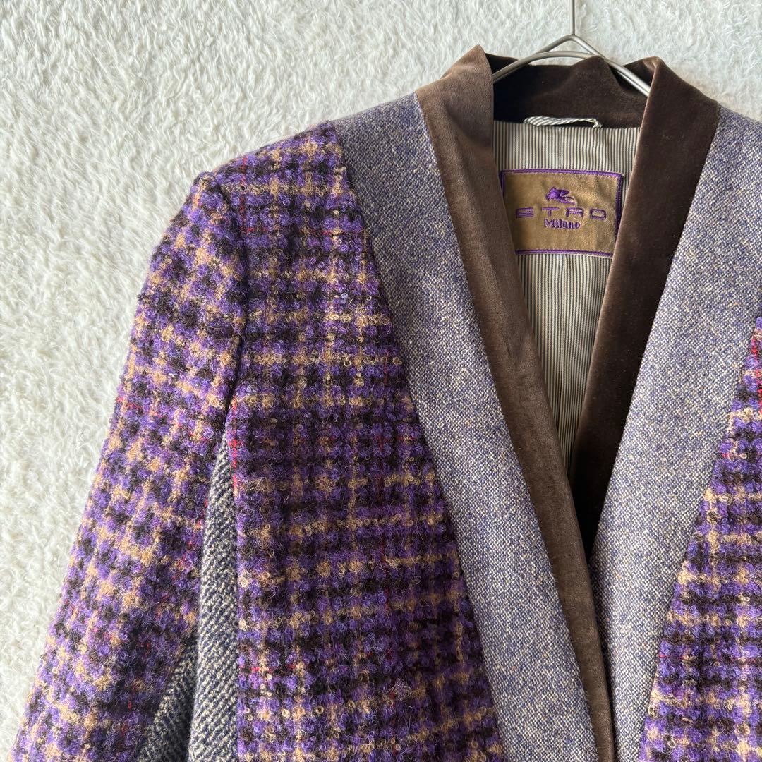エトロ ノーカラー ジャケット ツイード シルク モヘヤ混 大きいサイズ 44