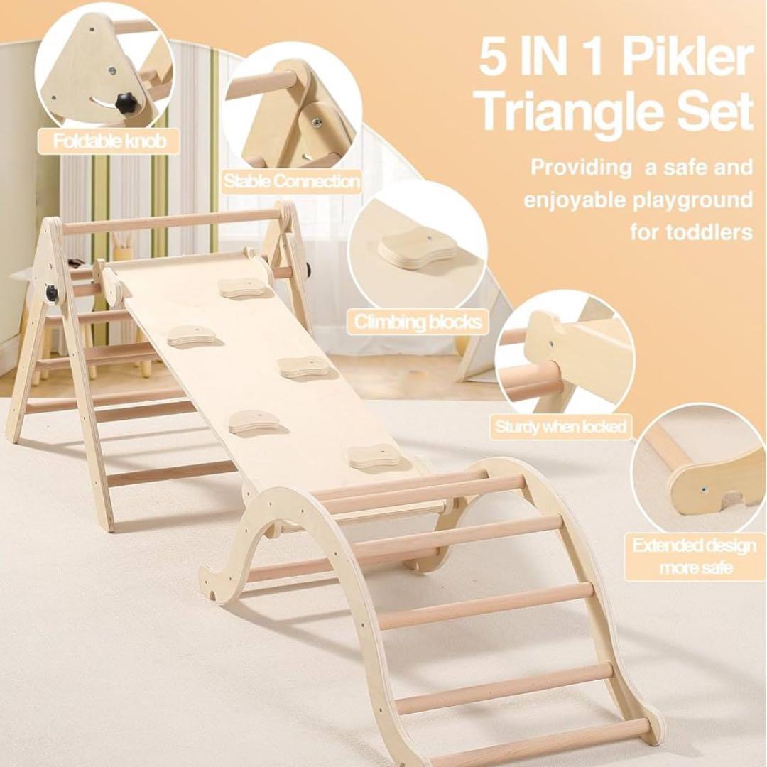 クライミングセット、スライディングランプ＆アーチランプ付き、折りたたみ式木製