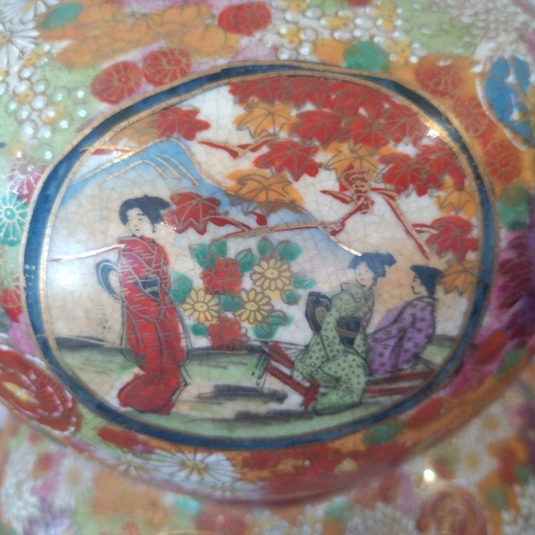 薩摩焼 陶器 花柄 人物画　大型　壺