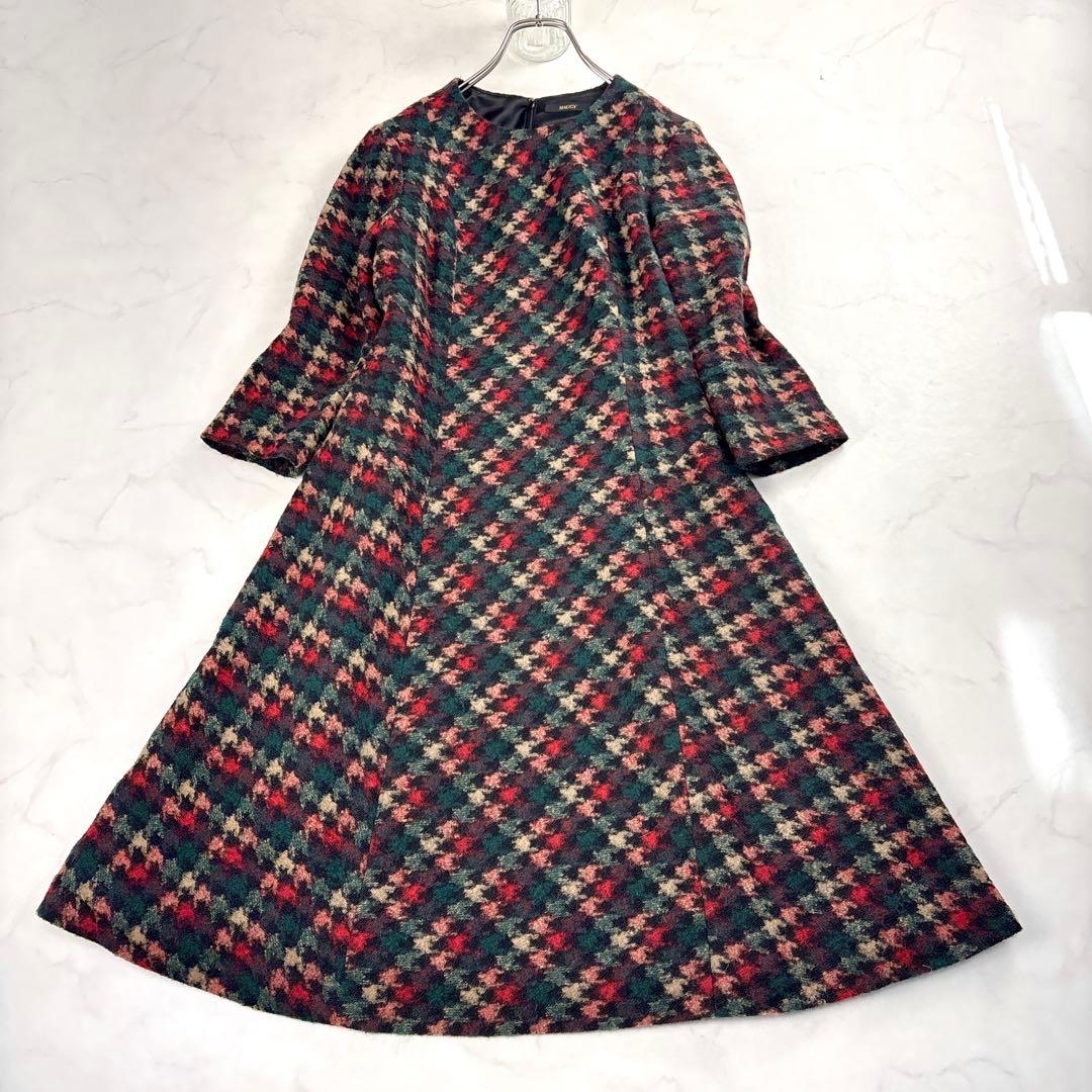 現行 美品✨銀座マギー ツイードロングワンピース フレア ハウンドトゥース柄 L