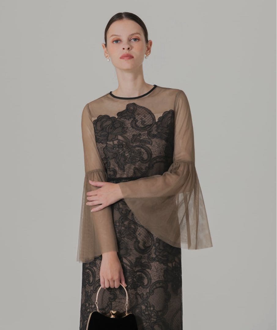 LEJA 異素材シアー刺繍レース透け感プリーツスリーブIラインペンシルスカート