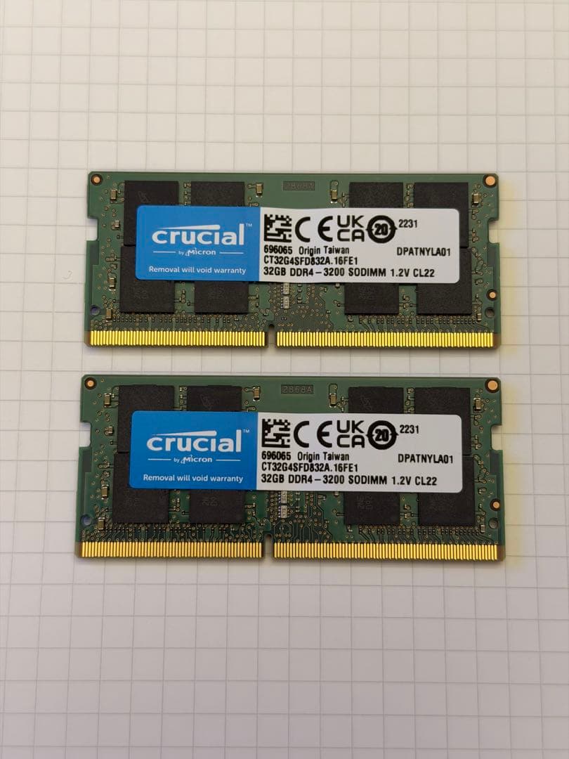 crucial 64GB(32GBx2)DDR4-3200 SODIMM メモリ