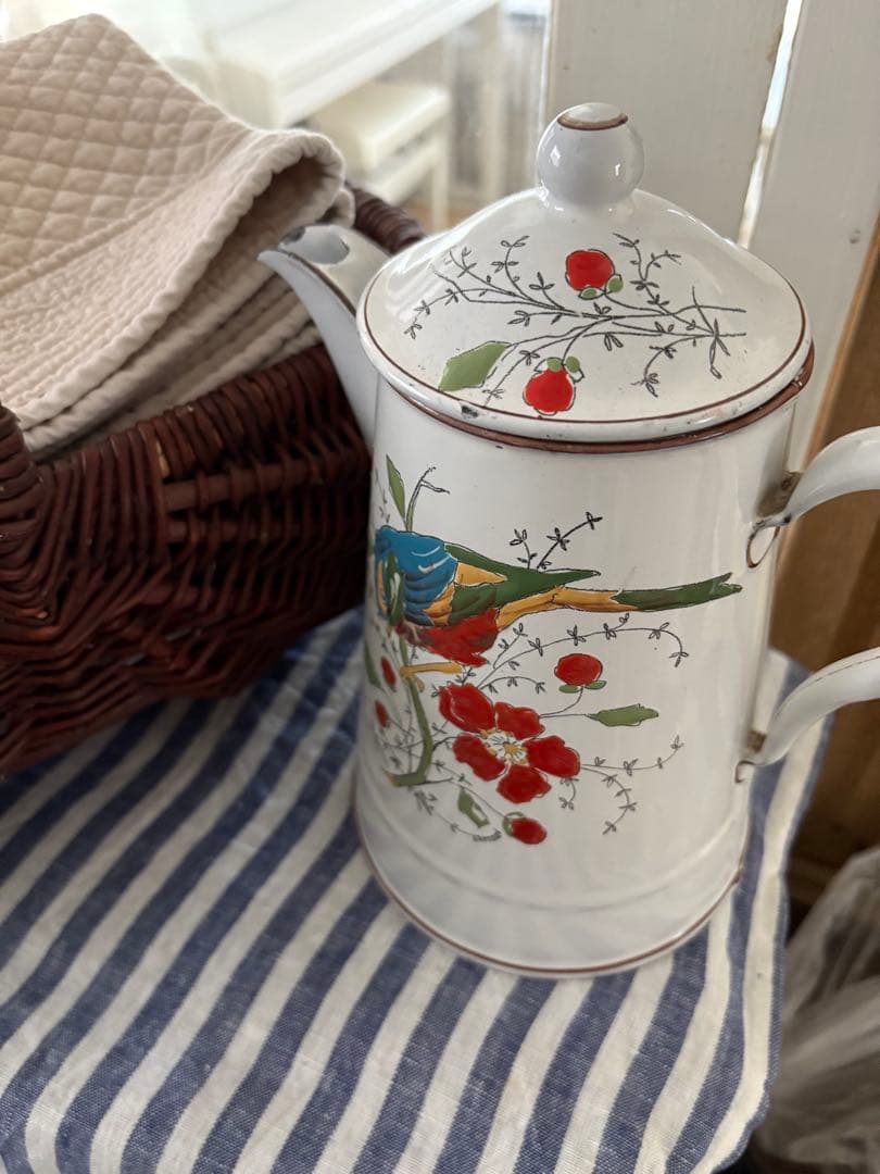 フランスアンティーク ホーロー 花と鳥の絵