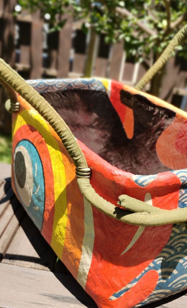 一閑張りバッグ（大）　鯉のぼり 幟旗　目　カラフル　草木染め　柿渋　ハンドメイド