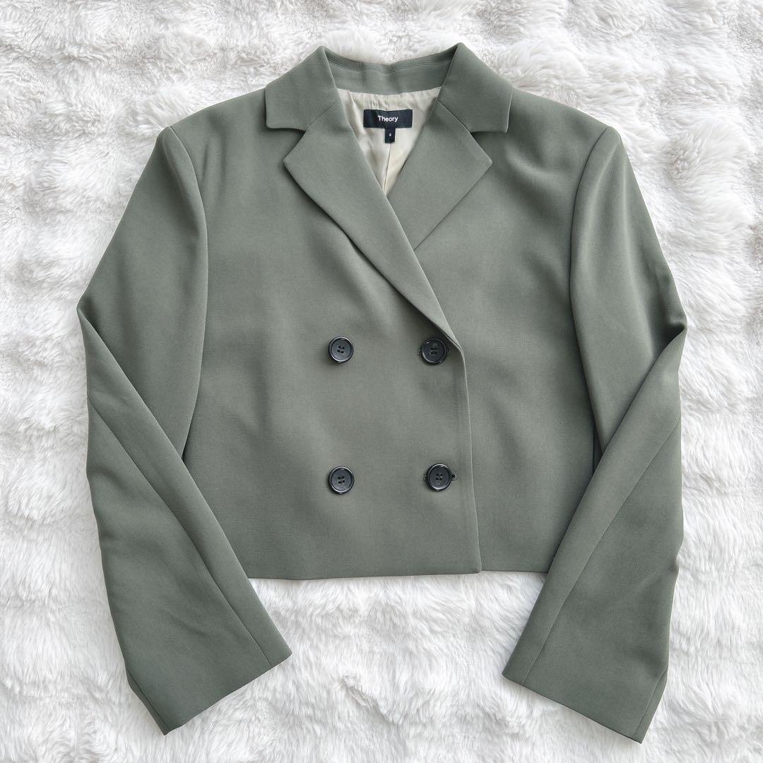 セオリー★クロップドダブルジャケット ショート丈　カーキ　M