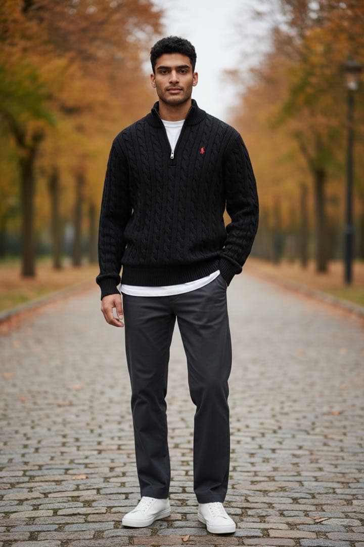 新品タグ付 ラルフローレン ハーフジップ ケーブルニット ブラック-L