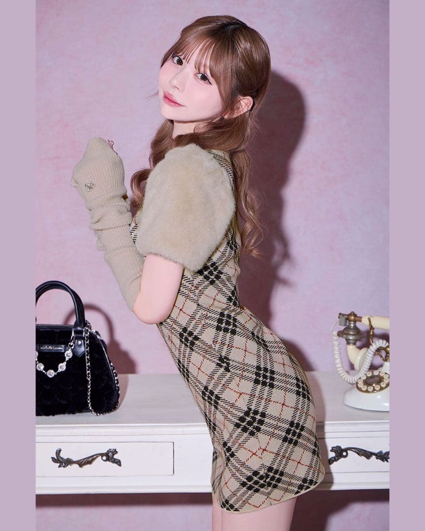 ミシェルマカロン♡ファースリーブチェックワンピース新品タグ付フリーサイズ