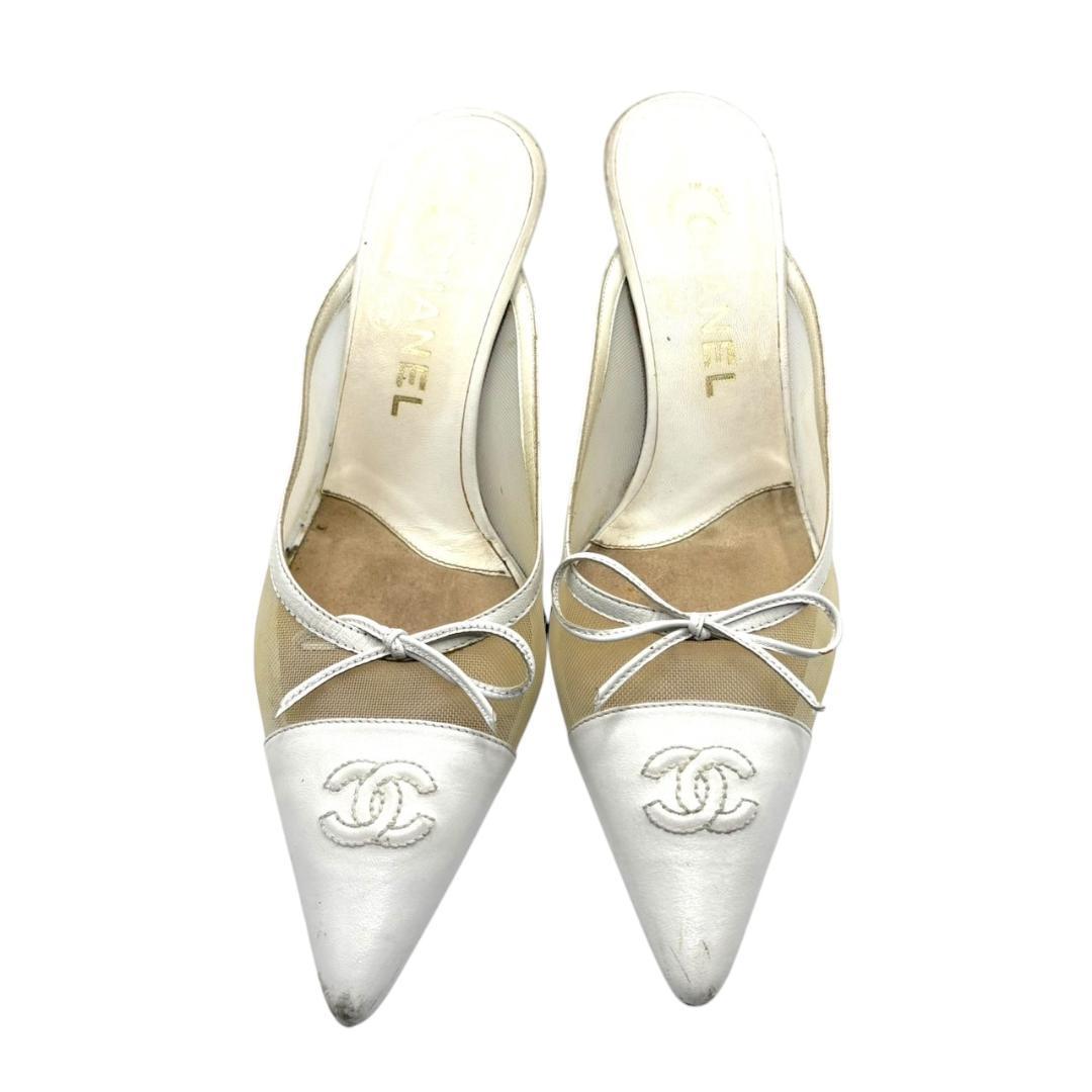 シャネル CHANEL 白 ミュール メッシュ ココマーク