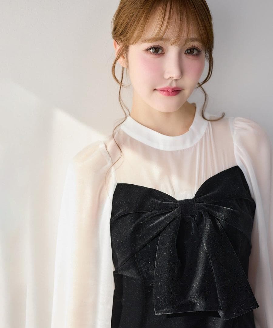 新品 NICE CLAUP オケージョン ベロアリボン異素材ロングワンピース