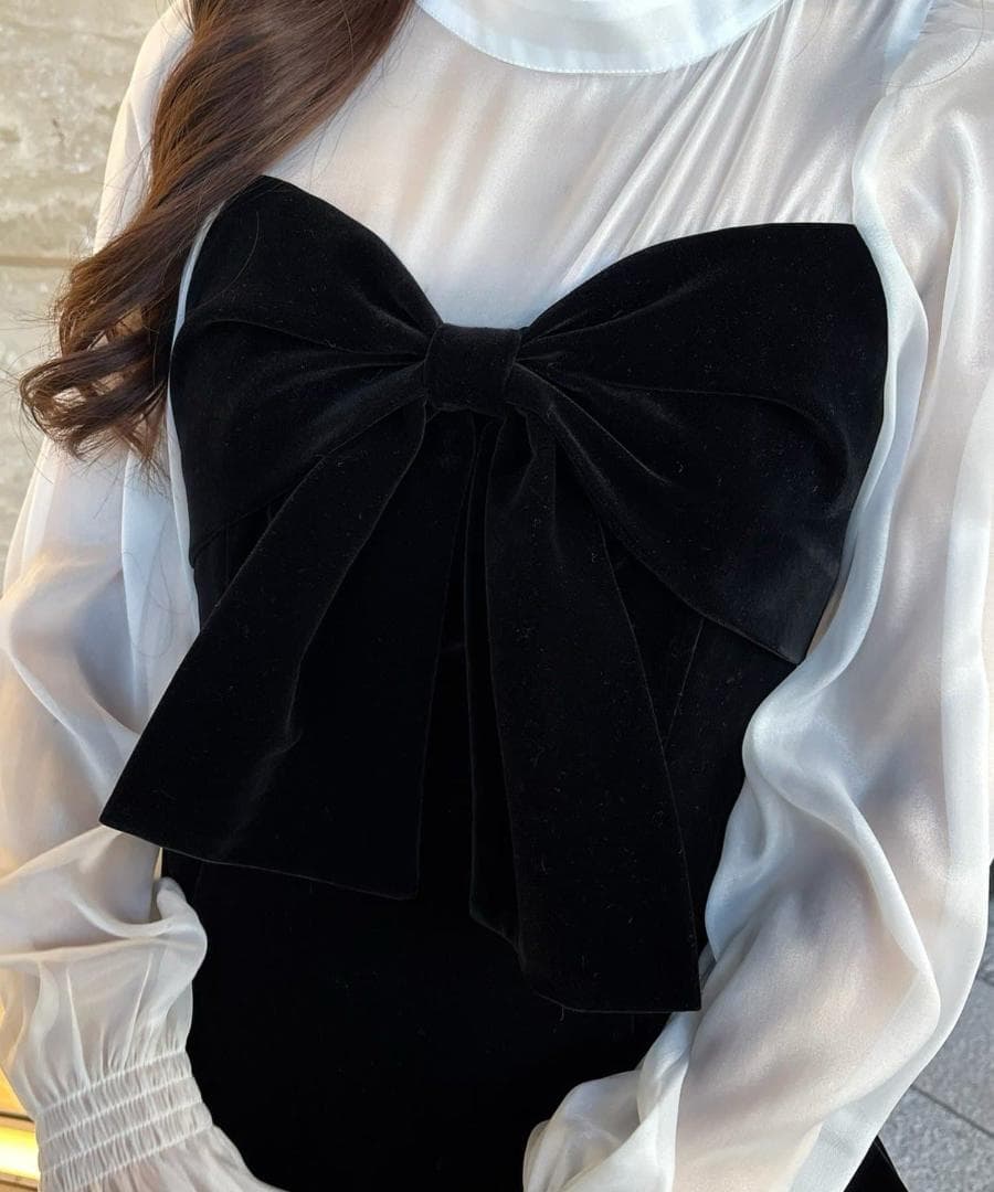 新品 NICE CLAUP オケージョン ベロアリボン異素材ロングワンピース