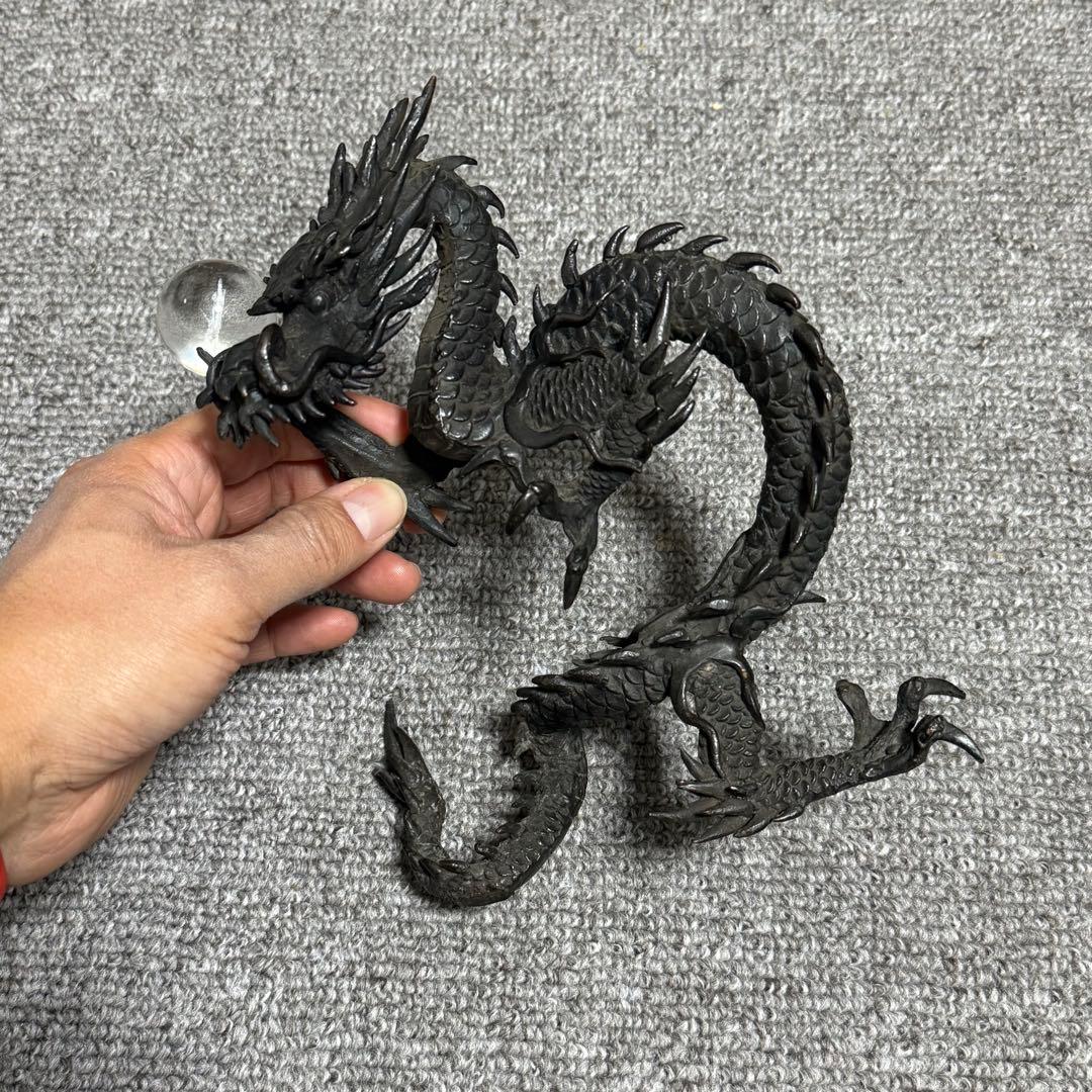 時代金工美術 銘あり 龍 水晶玉付 置物 床置