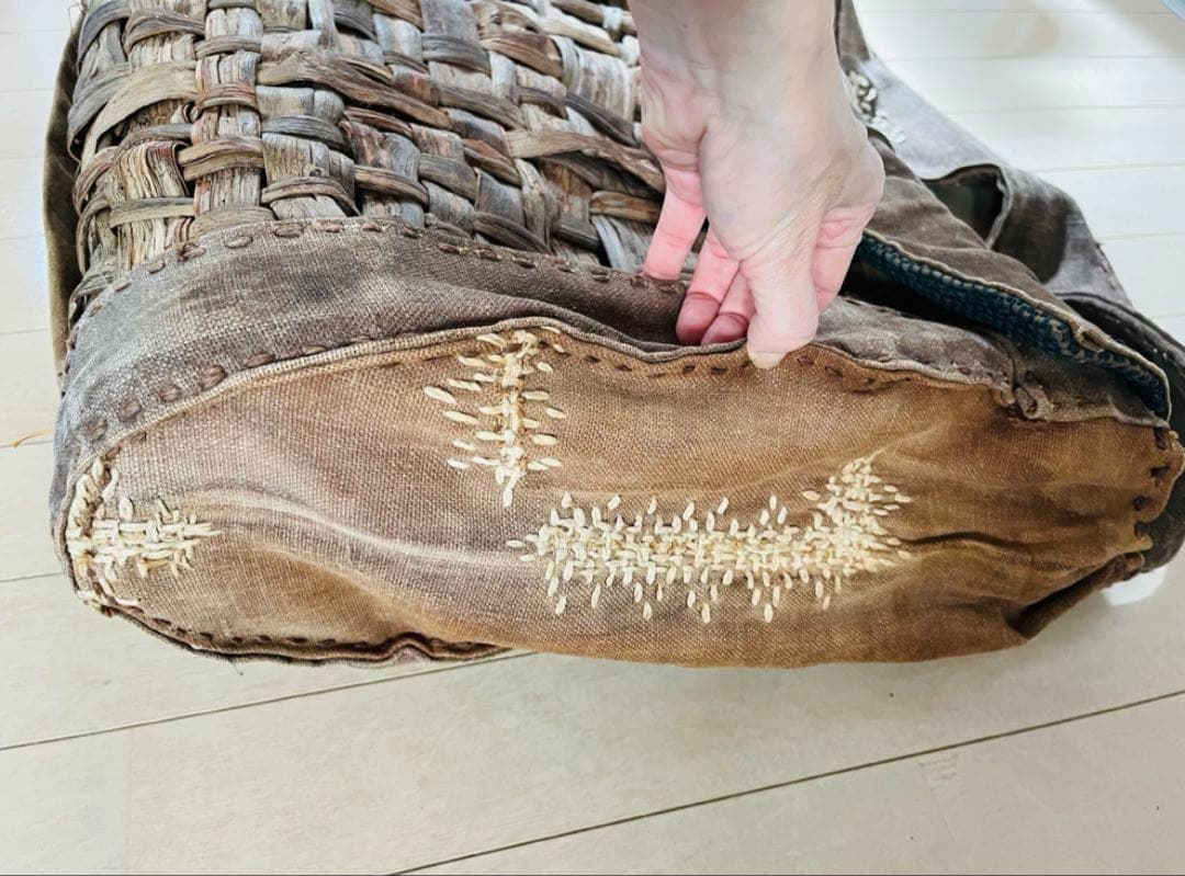 SALE◆希少 柿渋古布と国産山葡萄蔓 背負える大型籠リュック 斜め掛