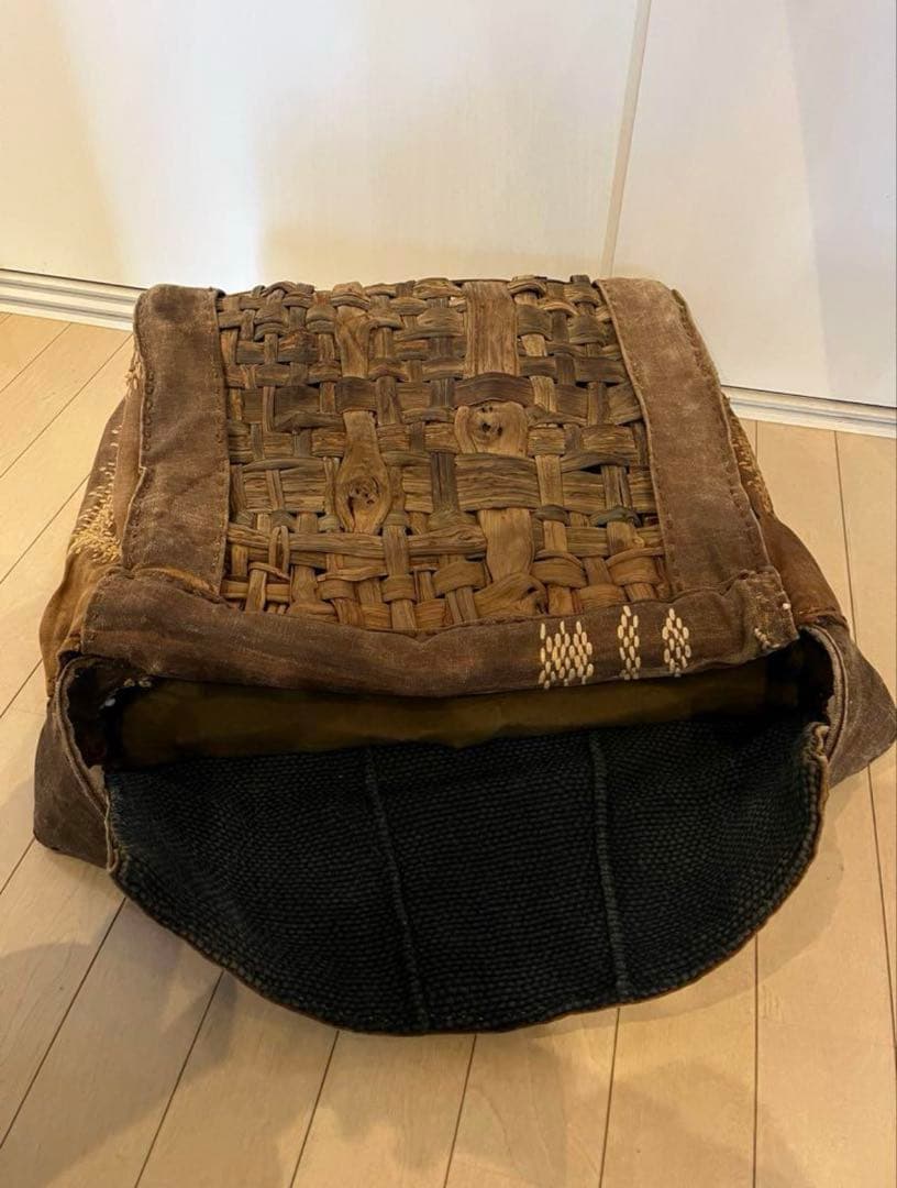 SALE◆希少 柿渋古布と国産山葡萄蔓 背負える大型籠リュック 斜め掛