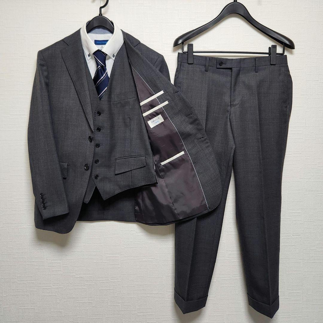オリヒカ　メンズ　スーツ　スリーピース　グレー　チェック　ストレッチ　標準体型