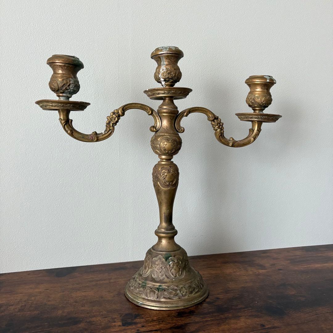 【アンティーク】真鍮製 3灯式 キャンドルスタンド / 燭台 店舗什器