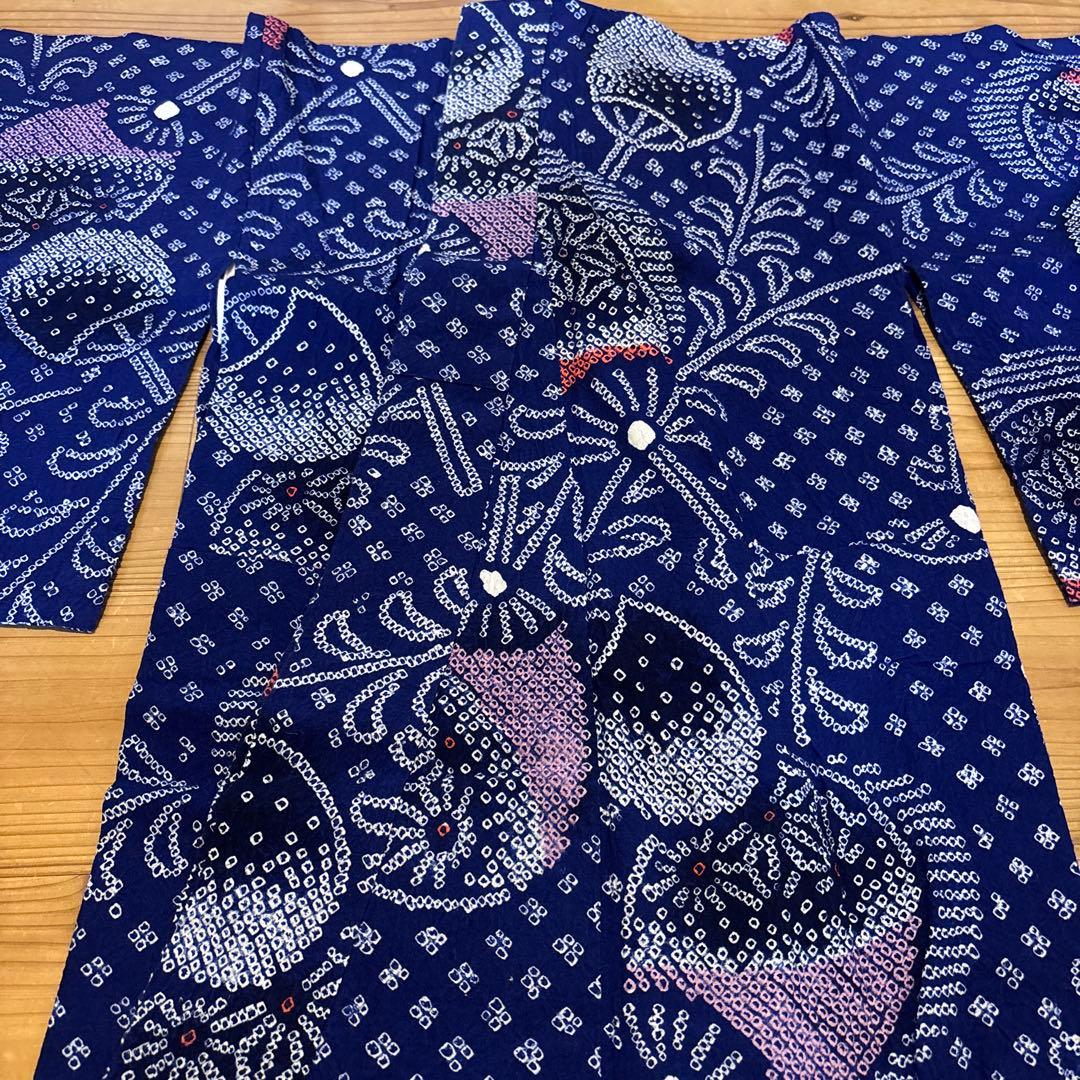 有松鳴海絞り浴衣 美品 手縫い 団扇 藍染