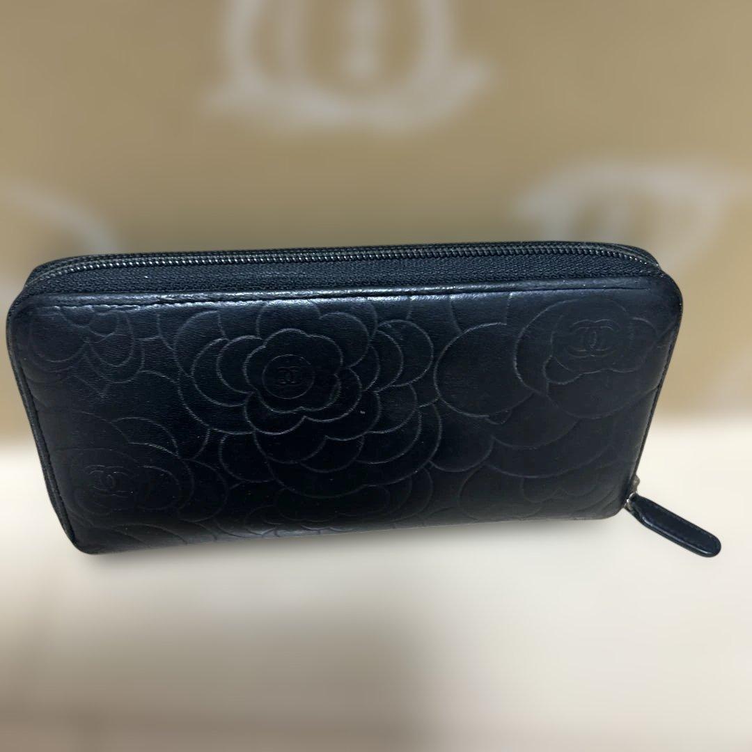 美品 　CHANEL シャネル　カメリア 長財布　　レザー　　黒