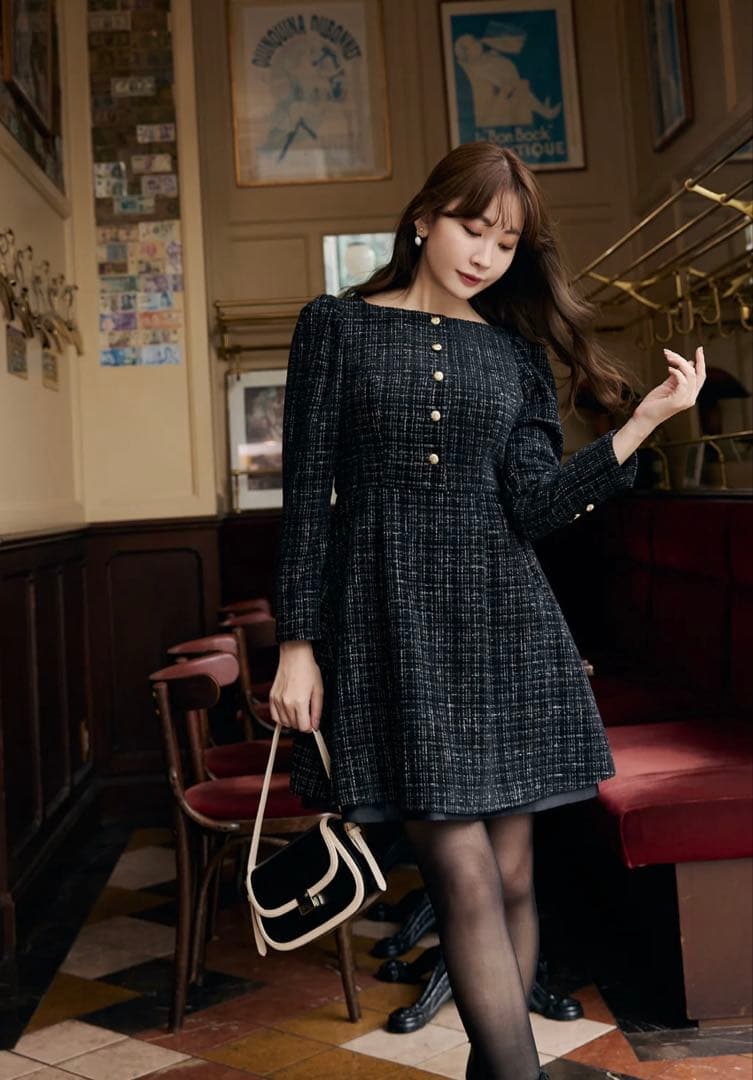 Herlipto ブラック ツイードミニワンピース