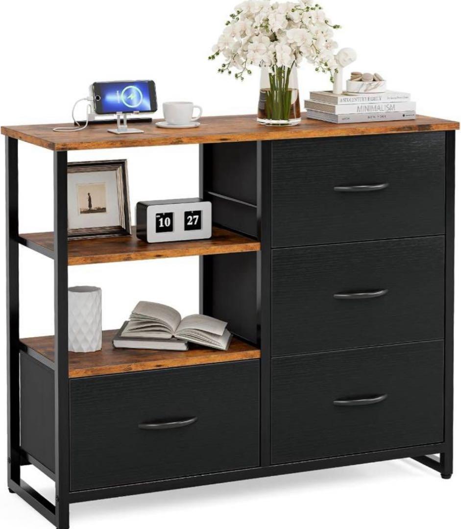 チェスト タンス 棚付き リビング収納 USBポート付き おしゃれ ブラック