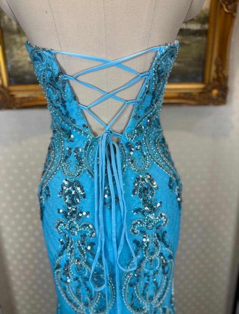 水色 ストラップレス ロングドレス