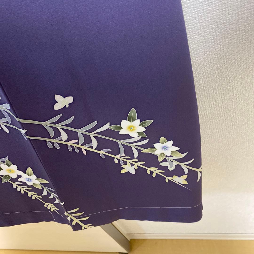 訪問着 花柄 加賀友禅　紫　落款　証紙　しつけ糸付き未使用美品　蝶々　袷　正絹