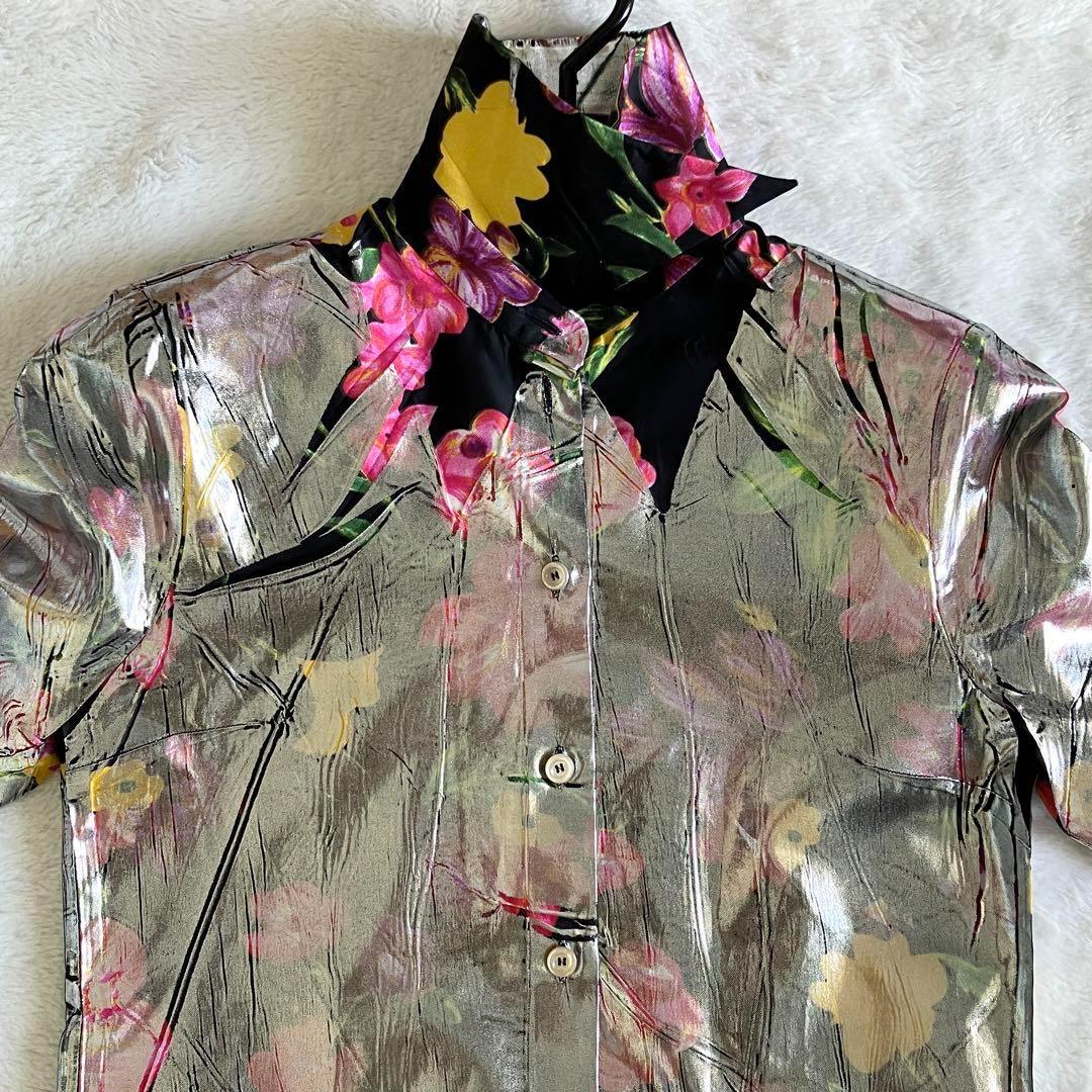 新品 グッチ 18SS シルク総花柄 ラミネート加工 長袖シャツ 38 シルバー