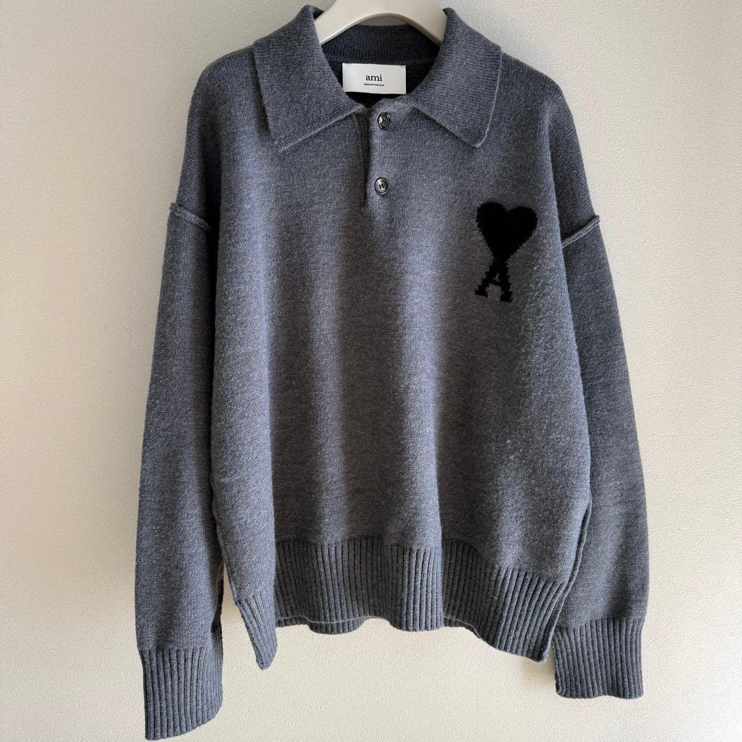 AMI PARIS グレー ニットポロシャツ ハート刺繍 lサイズ 秋冬