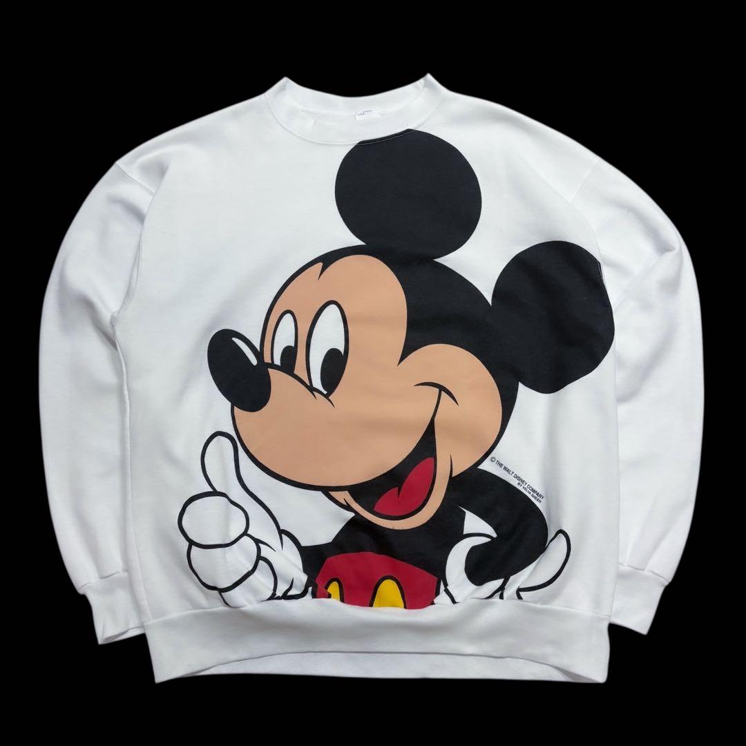 レア 90s Disney ミッキー ビッグプリントスウェット 白XL USA製