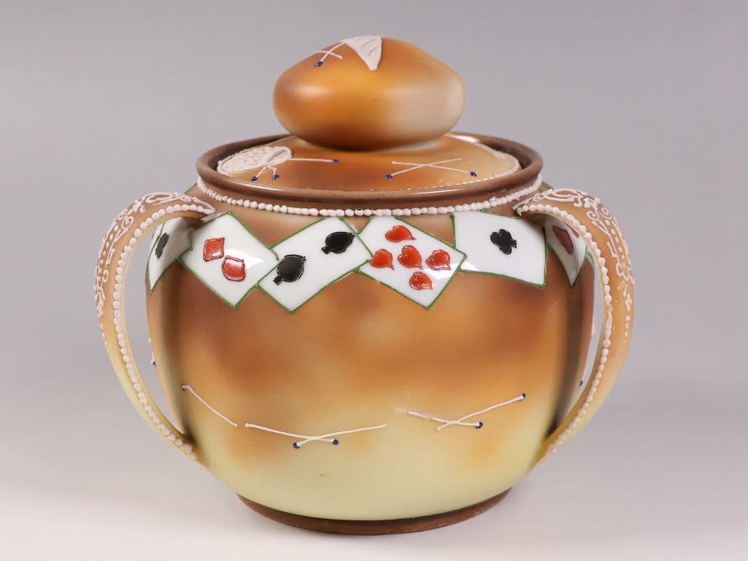 【CM322】オールドノリタケ トランプ スリーハンドル 葉巻入れ 蓋物 盛上