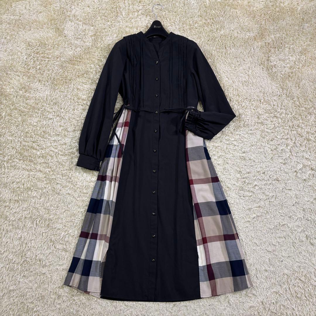 ブルーレーベルクレストブリッジ　プリーツ　サイドリボン　フレア　ロングワンピース