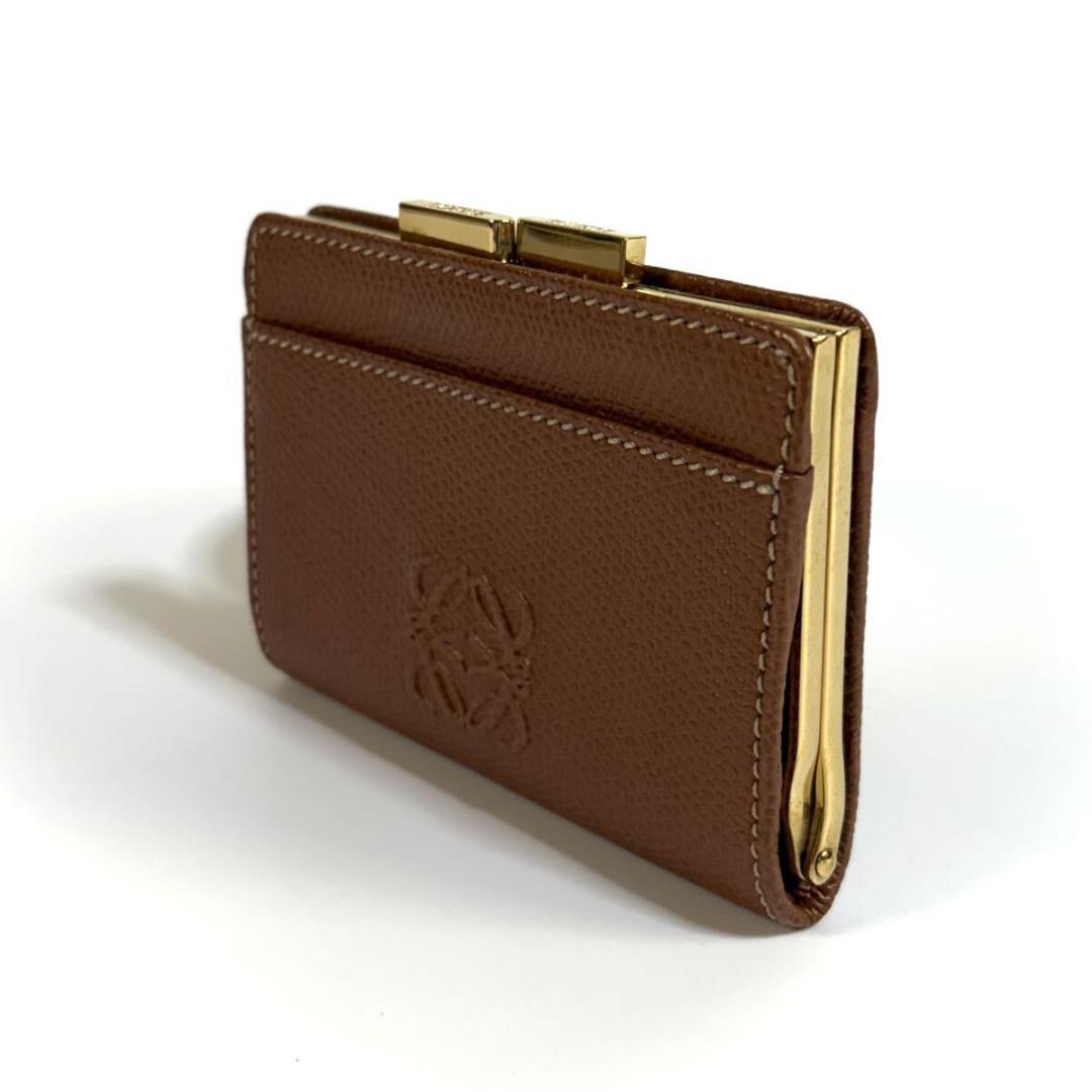 【美品】LOEWE レザー がま口  アナグラム キャメル ゴールド金具