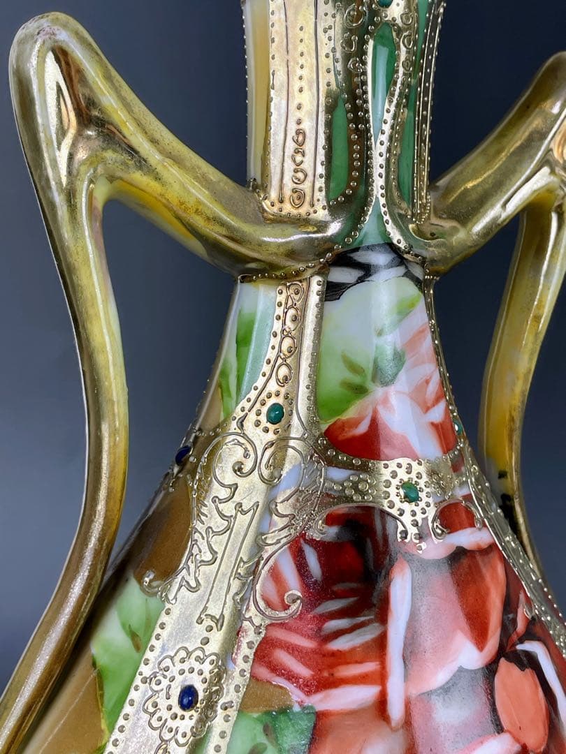 【大型】オールドノリタケ ３０cm アールヌーボー 薔薇紋 ジュエル金盛り 花瓶