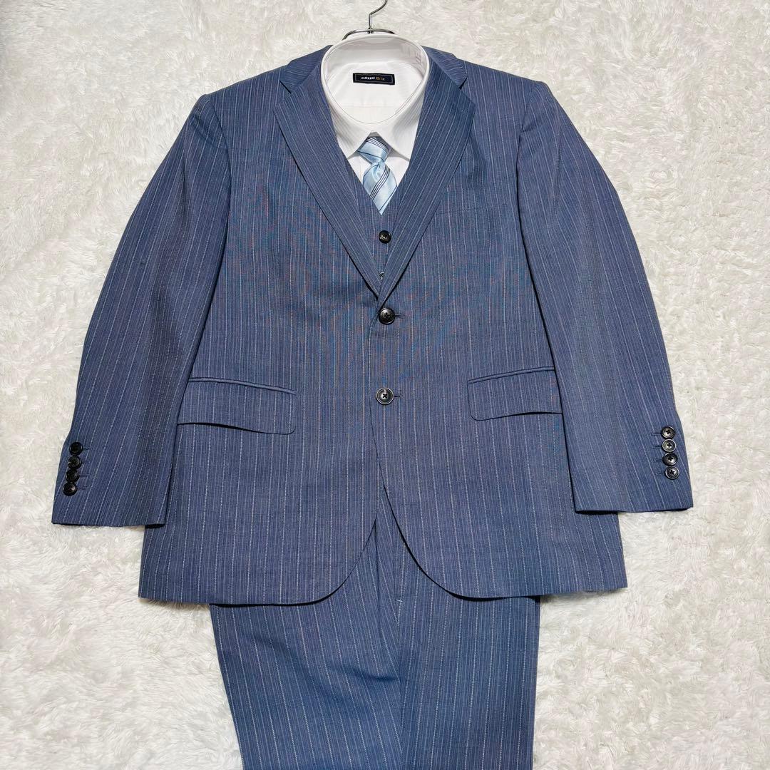希少カラー ランバン 3ピース 高級 スーツ モヘヤ混 ブルー ストライプ M