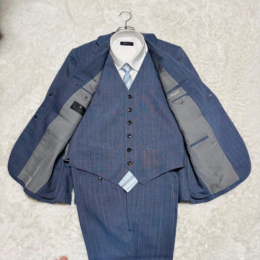 希少カラー ランバン 3ピース 高級 スーツ モヘヤ混 ブルー ストライプ M